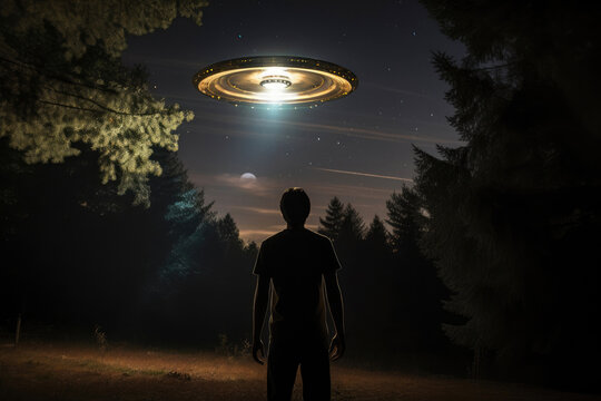 Mysterious UFO Ascending Behind a Man in a T-Shirt