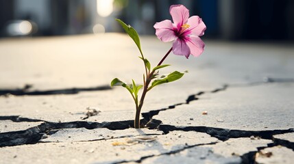 A vibrant pink flower emerging from a narrow crack in the ground