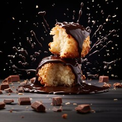 Coconut macaroon dipped in chocolate ganache with splashes and waves - obrazy, fototapety, plakaty
