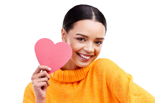 Paper heart, love and smile portrait of happy woman with romance and loving sign. Female model, emoji shape and face with care and support for valentines day isolated on a transparent, png background