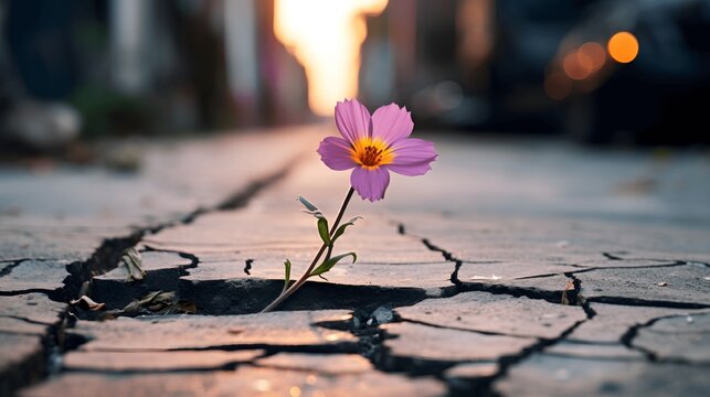 Fototapeta A resilient flower breaking through the concrete