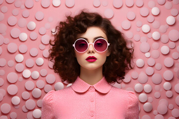 Dark hair Woman in pink dress and pink sunglasses, in style of playful pop art