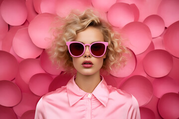 Blonde woman in pink dress and pink sunglasses, in style of playful pop art