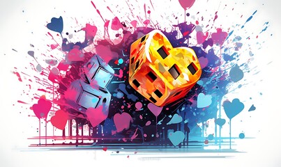 Illustration of a dice and a heart covered in neon splashes on a white background, Generative Ai