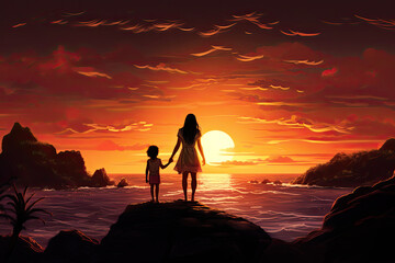 Fototapeta premium silhouette of a mom and child on the beach