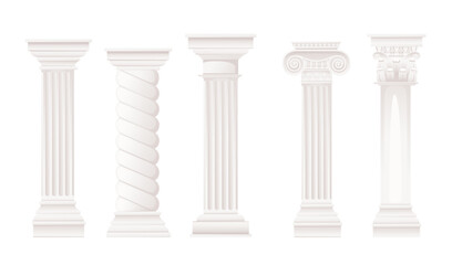 Set of white ancient style column classic architecture design vector illustration isolated on white background