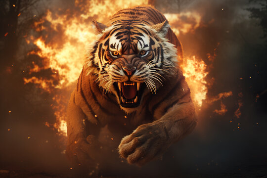 Image of angry tiger with flames. Wildlife Animals. Illustration, Generative AI.