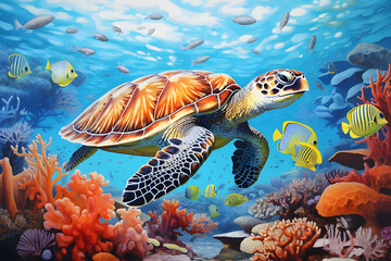 Obraz premium Schildkröte schwimmt durch Korallenriff umgeben von bunten Fischen