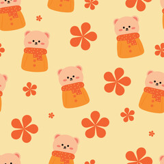 Seamless pattern of cartoon bear wearing a scarf and flowers for fabric print, textile, gift wrapping paper. colorful vector for children, flat style