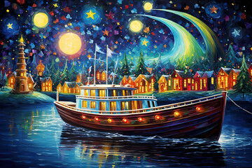 beautiful colorful abstract art, painting of a boat with christmas trees and a village in the background