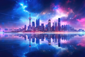 Luminous Futuristic Skyline with Watery Aesthetic