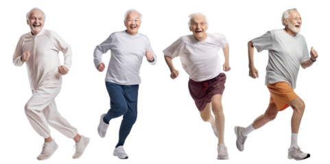 Set of happy elderly men jogging, cut out