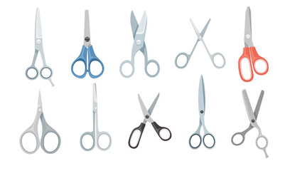 Set of different scissors models cutter tools simple cartoon design vector illustration isolated on white background