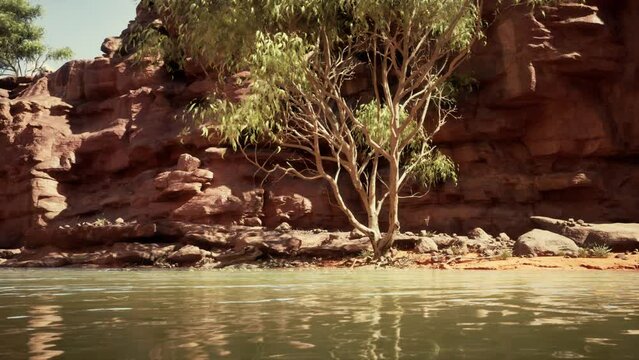 landscape with red sandstone rock and river