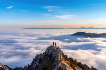 Two people standing on a mountain peak above the clouds