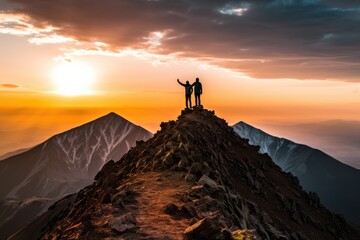 Fototapeta premium A couple standing on the summit of a majestic mountain