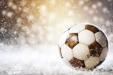 A soccer ball on a snowy field - obrazy, fototapety, plakaty