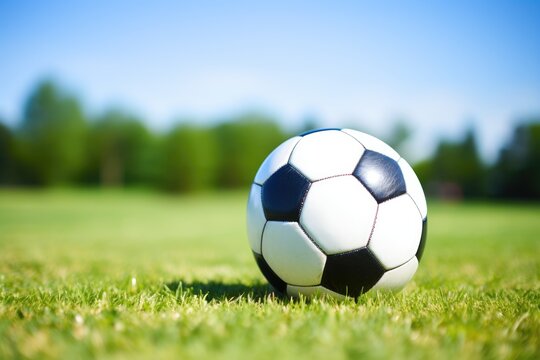 A soccer ball on a vibrant green field