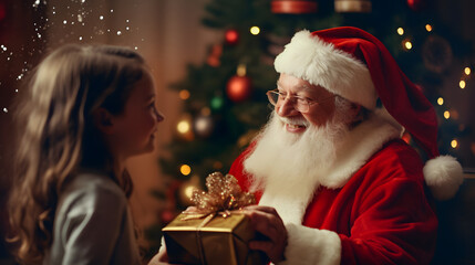 Fototapeta na wymiar santa claus giving gift to children