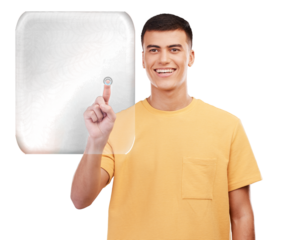 Smile, pointing and man with hologram, selection and innovation isolated on a transparent background. Person, guy and model with ai, future or holographic with options, png and click with digital app