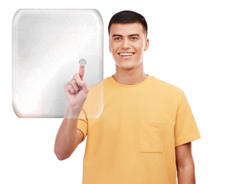 Smile, pointing and man with hologram, selection and innovation isolated on a transparent background. Person, guy and model with ai, future or holographic with options, png and click with digital app