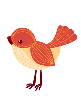 Stylized small cartoon bird with orange pattern cute animal design vector illustration isolated on white background