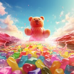 Gummy bear dipped in jelly with splashes and waves - obrazy, fototapety, plakaty