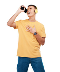 Fototapeta premium Happy man, headphones and karaoke with phone in studio for music, radio or audio with smile on transparent png background. Listen, singing and person with digital media streaming sound or podcast