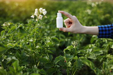 Garden season problems and solution. Cropped photo hand of farmer holds white bottle with mock up...