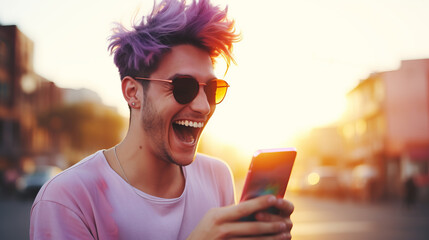 Happy young man with colored hair colorful clothes and a smart mobile phone in his hands laughs and screams with joy while looking at the device screen