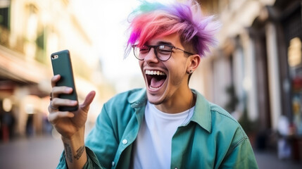 Happy young man with colored hair colorful clothes and a smart mobile phone in his hands laughs and screams with joy while looking at the device screen