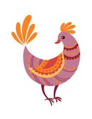 Stylized small cartoon bird with purple pattern cute animal design vector illustration isolated on white background