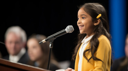 Young kid girl participating in a national spelling bee competition. She stands confidently at the microphone on stage, spelling challenging words with precision in front of the audience - obrazy, fototapety, plakaty