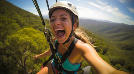 Young woman engaged in a thrilling ziplining adventure through a dense rainforest canopy. She soars above the treetops, her laughter and excitement echoing through the jungle.