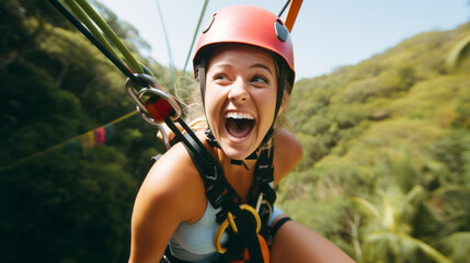 Young woman engaged in a thrilling ziplining adventure through a dense rainforest canopy. She soars above the treetops, her laughter and excitement echoing through the jungle.