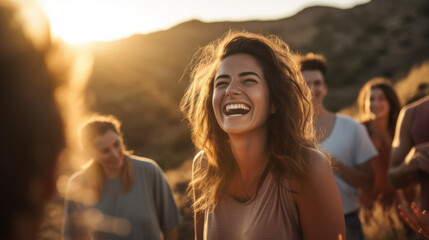 Young woman leading a group of people in laughter yoga session on a mountaintop at sunrise, their laughter echoes through the serene landscape as they embrace the healing power of laughter and nature - obrazy, fototapety, plakaty