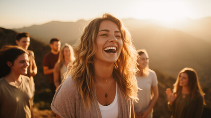 Young woman leading a group of people in laughter yoga session on a mountaintop at sunrise, their laughter echoes through the serene landscape as they embrace the healing power of laughter and nature