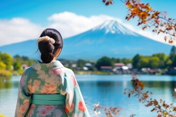 Mount Fuji's Charm: Kimono-Clad Asian Woman