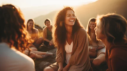 Crédence de cuisine en verre imprimé Marron profond Young woman leading a group of people in laughter yoga session on a mountaintop at sunrise, their laughter echoes through the serene landscape as they embrace the healing power of laughter and nature