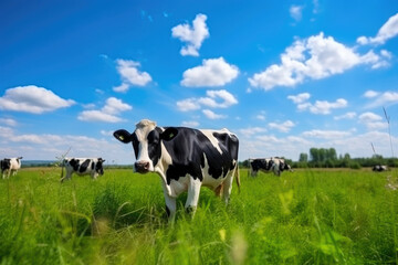 Fototapeta na wymiar Tranquil Grazing: Authentic Cow in a Verdant Landscape