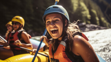 Young woman on a thrilling white-water rafting expedition. She commands the raft with confidence through challenging rapids, creating an unforgettable outdoor experience with her friends. - obrazy, fototapety, plakaty
