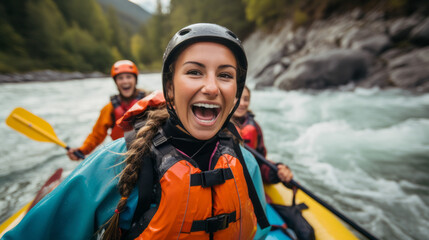 Young woman on a thrilling white-water rafting expedition. She commands the raft with confidence through challenging rapids, creating an unforgettable outdoor experience with her friends.