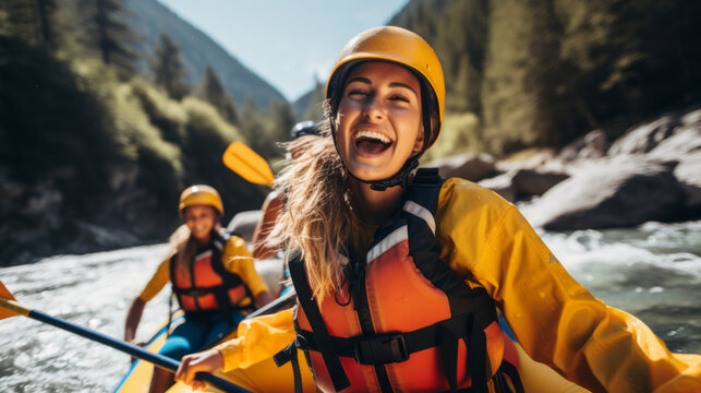 Young woman on a thrilling white-water rafting expedition. She commands the raft with confidence through challenging rapids, creating an unforgettable outdoor experience with her friends.