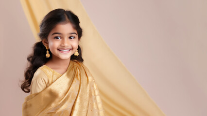 Indian girl in gold sari traditional cloth smile, diwali celebration
