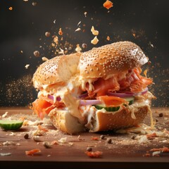 Fototapeta na wymiar Bagel sandwich submerged in lox and cream cheese with splashes and waves