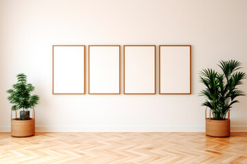 Four blank picture frames on a wall with parquet floor.Copy space.