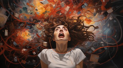 Illustrative concept depicting ADHD- Attention Deficit Hyperactivity Disorder. A confused individual surrounded by a flurry of scattered, exploding thoughts, symbolizing the overwhelming mental chaos. - obrazy, fototapety, plakaty