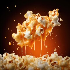 Popcorn kernel immersed in caramel popcorn with splashes and waves