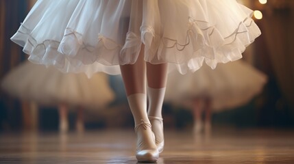A graceful ballerina in a classic white tutu and ballet shoes - obrazy, fototapety, plakaty