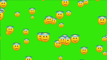 Angel emoji. Holy emoticon with nimbus. Yellow face emoji. Animated falling emojis. Social media icons symbol animation with green screen background.